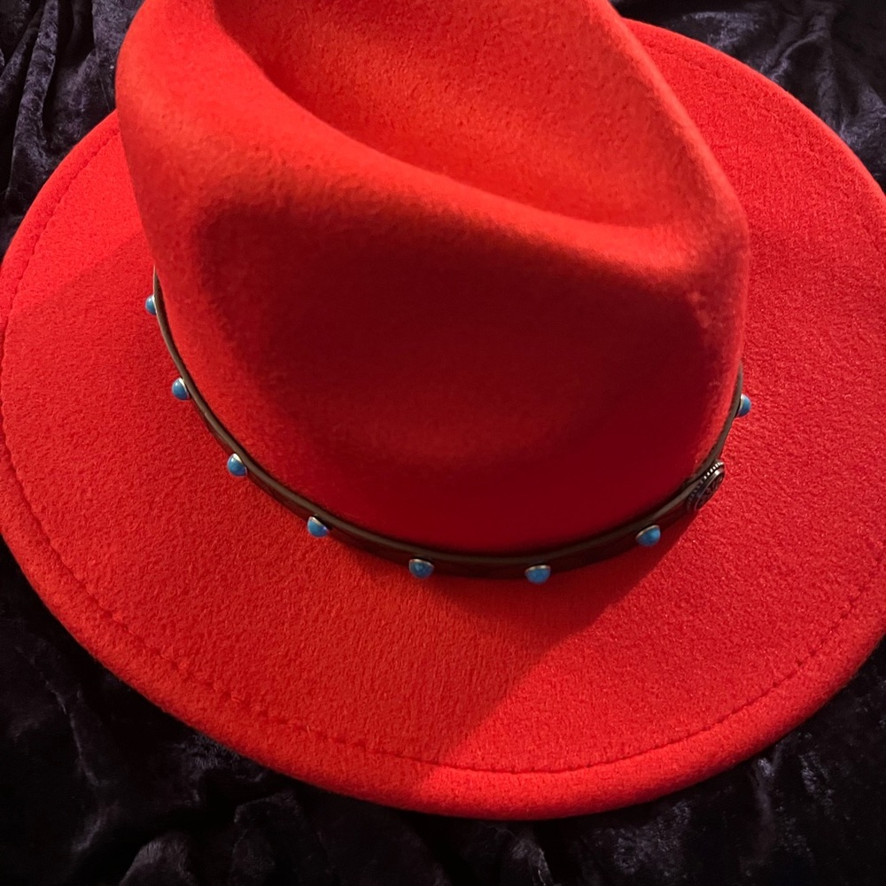 Stylish Red Fedora with Blue Accents